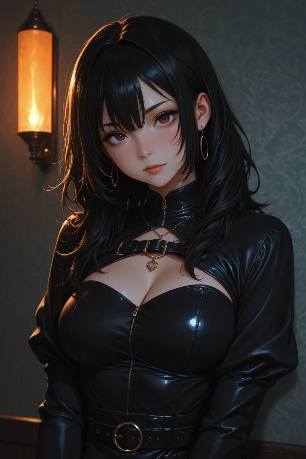 Detailed facial details，1 girl、Cat ear，Black long hair,Residence，Large Breasts，Wearing black latex school uniform，Charming red eye, Shy expression，Slim，Handcuffs，collar，Radiant Skin，Facial details are very detailed, Body covered in mud