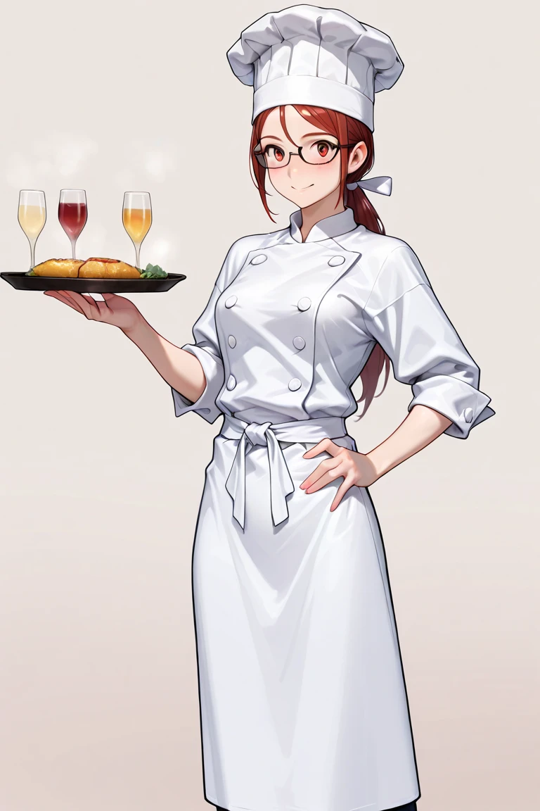 using uniform, short hair, wide shoulders, entrepeneur pose, white background, perfect, close-up, portrait, cozinheira chef de cozinha loira olhando para o espectador, vivid colors