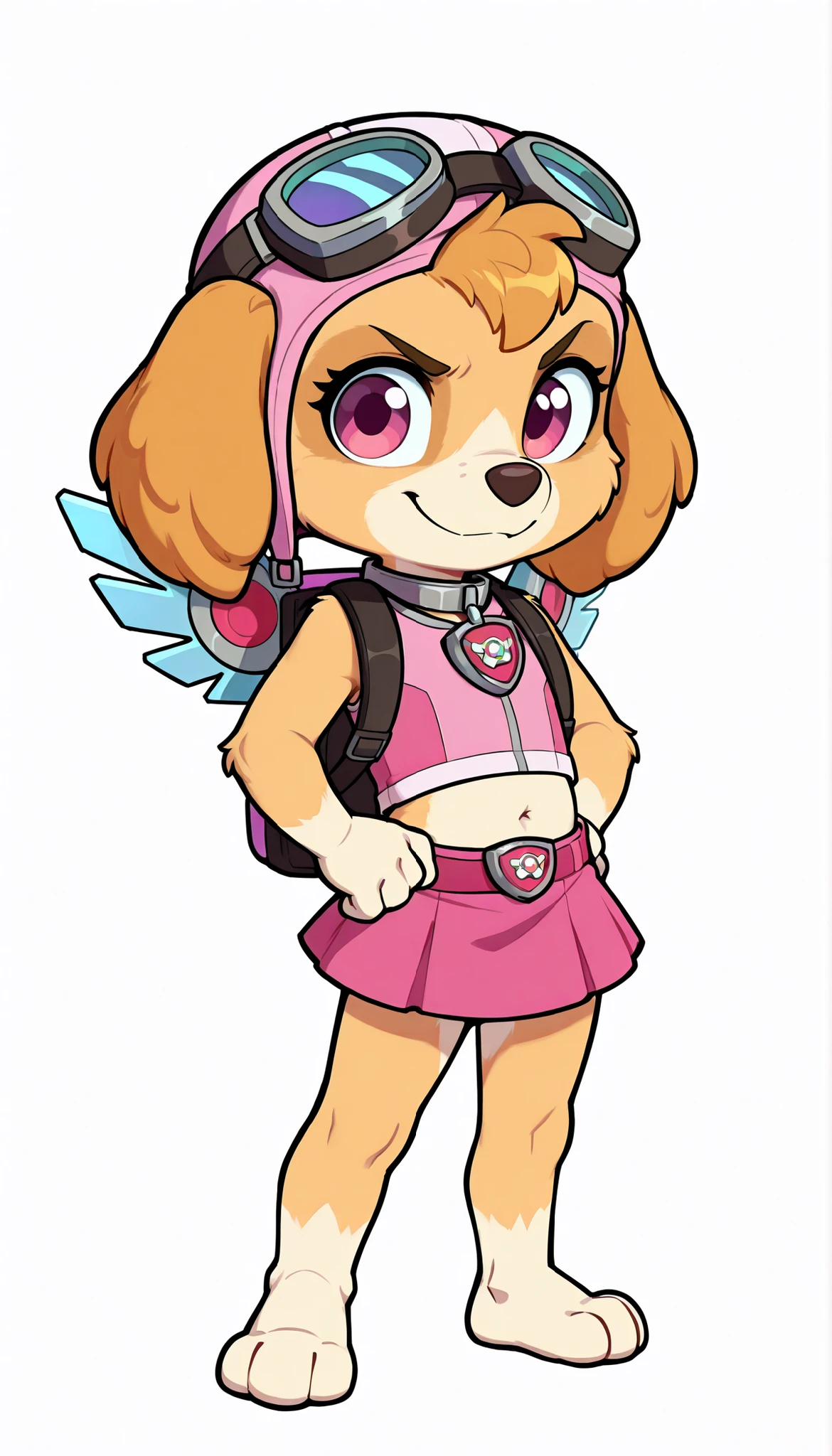 score_9, score_8_up, score_8, 1girl, source_cartoon, source_furry, skyepp, dog, furry, toddler, skye, paw patrol, cute face, 4 fingers, standing, ((goggles, pink pilot hat, Skye collar, pink top, midriff, pink mini skirt)), white background, simple background, confident face, skinny, thin body, full body, feets with three toes, angry, smile, mechanical wings on backpack,