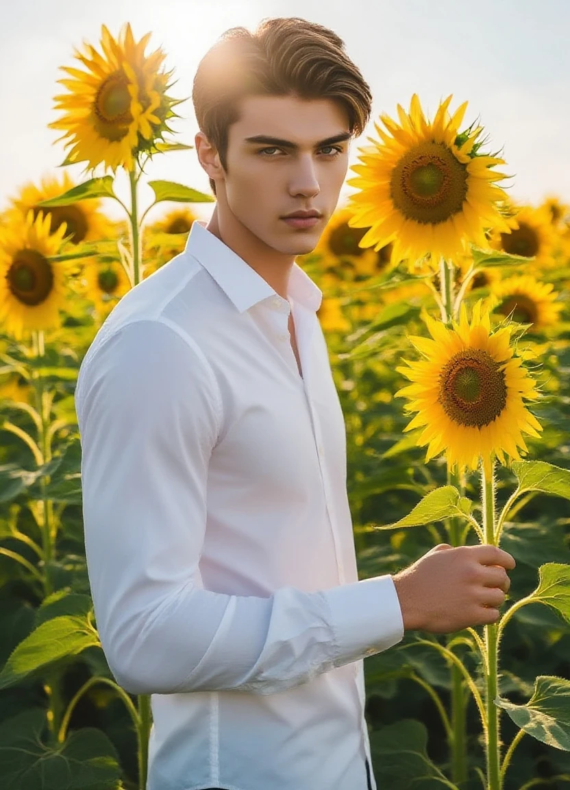  young handsome beautiful white skin skinny soft skin cowboy with a sunflower in his hand in the sunflower field without a shirt
