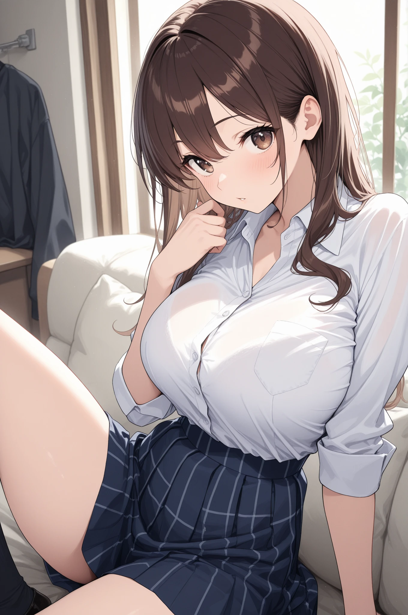 ((masutepiece, Best Quality, hight resolution, nffsw, Perfect Pixel, 4K, nffsw, nffsw))), 1girl in, Single, Solo, Beautie、full body seen、 ((Middle Wave Hair, Bangs, Brown hair)), ((Brown-eyed, Beautiful eyelashes, Realistic eyes)), ((Detailed face, Blushing:1.2)), ((Smooth texture:0.75, Realistic texture:0.65, Photorealistic:1.1, Anime CG style)), medium breasts, Dynamic Angle, Perfect body, ((School uniform,  White shirt, Black skirt, Unbuttoned shirt、(no-bra、See-through nipples)、plaid skirts、I'm not wearing shoes、White Sox)), Classrooms without people、Sit on a desk、Lower&#39;I took my foot off the desk..................................、Very embarrassing panic smile、(Lift the skirt with your right hand、Open both legs、Open knees、Red floral lace panties)、、(Cute floral bra)、