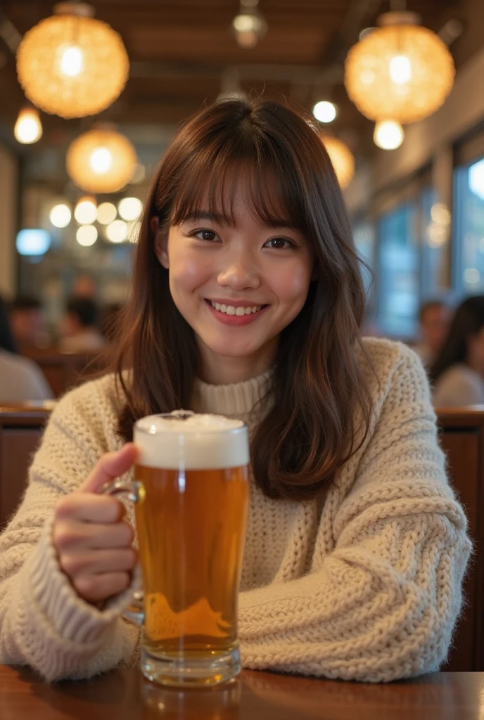A very cute face like an idol、Looks like a young face、20-year-old female、Gentle and cute、A kind smile、Cleavage、A crowded bar、Toast with a beer mug、Natural light、whole body、RAW Photos、Genuine、Artistic、Real Stick、High resolution、Genuine Life、No copyright notice