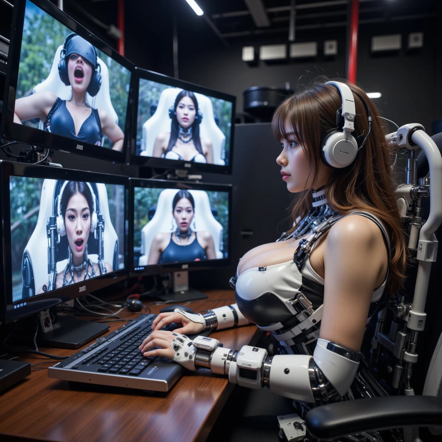 Best quality, one person, ((masterpiece)), 8k, raw, ((a hot chick young beautyful big girl)), ((detailed face)), (there is a dark cyber room in the background), (good anatomy), detailed eyes, detailed face, (((long black hair))), (((black, pink latex lingerie with Garter Belts Sexy ))), ((Secretary outfit)), (((good anatomy))), (big tits), (((posing with her breasts))), facing the camera, makeup, (PUSH UP TITS), (((WEARING A VR Headsets))), (tits on focus), fullbody