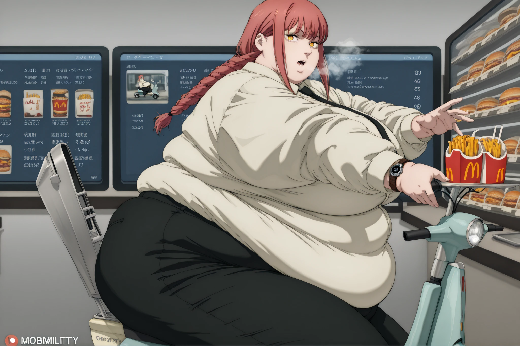 masterpiece, Highest Quality, great quality,, Makima, Makima (chainsaw man), long hair, bungs, yellow eyes, braid, red hair, braided ponytail, Puffy Eyes, mature woman, medium chest, anime screen capture, pants, Office Lady, sitting, riding mobility scooter, hands on handlebar, sat down , speed, cowboy shot, solo, Watch Viewers、from side, fat, chubby, obese, gigantic arms and legs, large breasts half open mouth, out of breath, at McDonald's, at counter, tray full of McDonald's foods, reaching for massive food order, looking at viewer, cold stare, (((mobility scooter)))