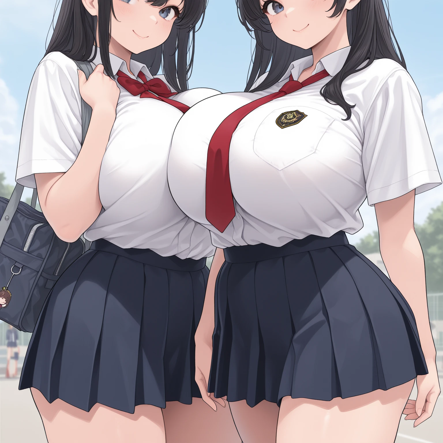 realistic anime art style,(tareme),(curvy body),black unkempt hair,bow tie,dress shirt,(navy short pleated skirt),(plaid skirt),unpretentious adult woman standing in crowded train station,sweaty,nipple through,(terrified and blushed),look at viewer,(breast grab:1.2),grabbing breasts,peace sign
