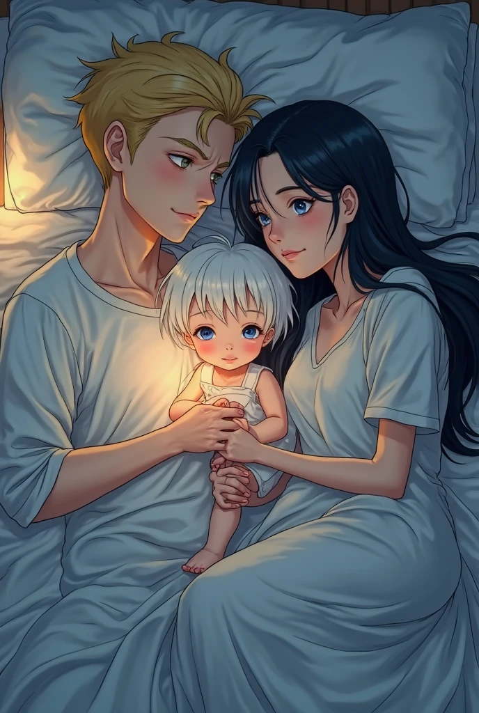 Whiteblonde hair man,green eyes, white boy, laying on a bed next to a brown hair woman,tan skin,brown eyes kissing her neck and hugging her anime skin whiles she holds a white hair baby who has just been born