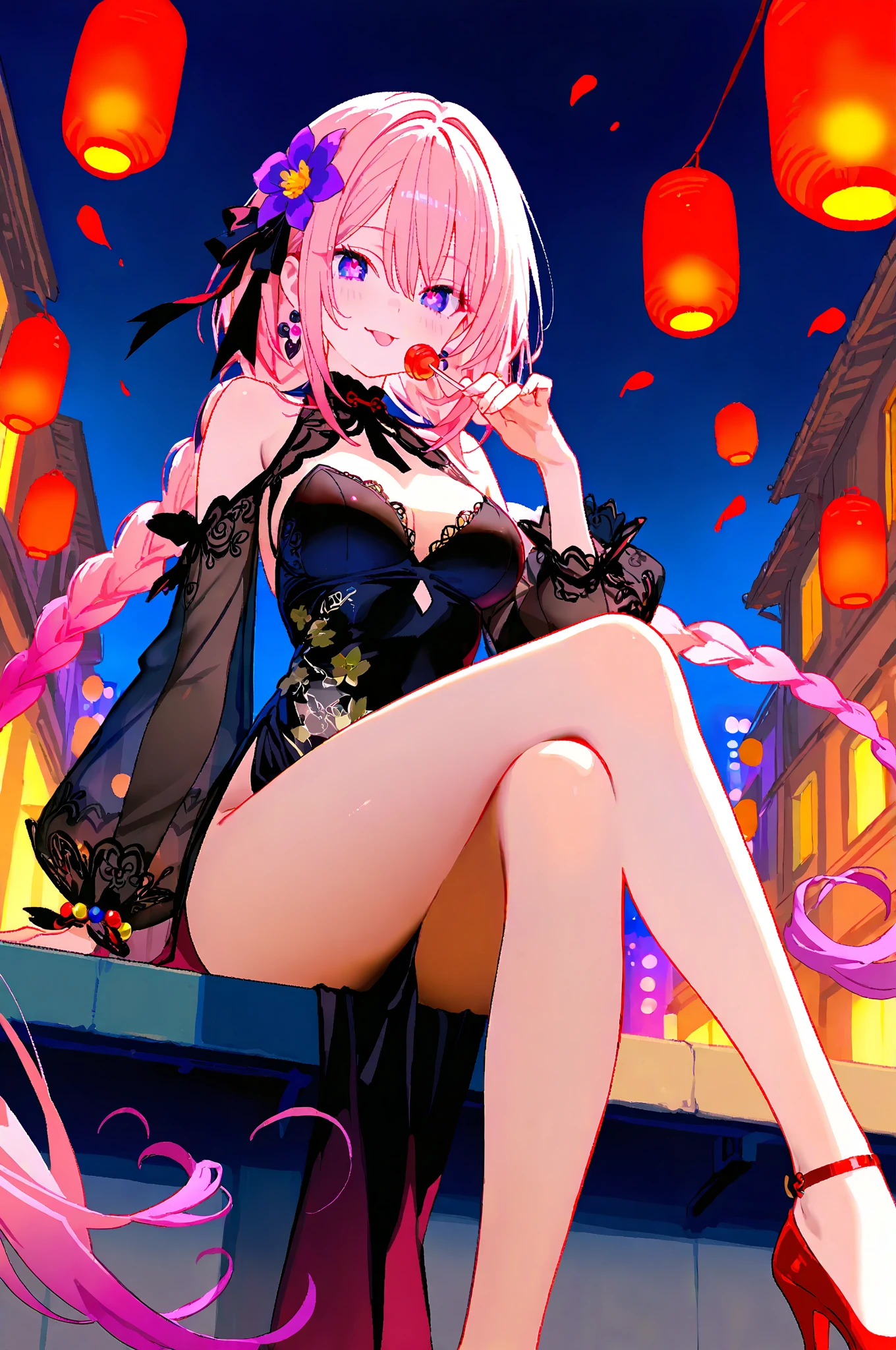 best quality, masterpiece, ultra detailed, 1girl, animal collar, animal ears, bangs, bare shoulders, red rose, blush, breasts, camellia, city lights, cityscape, cleavage, cuffs, dog ears, dog girl, nightgown, negligee, eyebrows visible through hair, flower, flower ornament, hair between eyes, hair flower, hair ornament, handcuffs, large breasts, leash, looking at viewer, moon, night, night sky, smile, pink flower, pink rose, purple rose, rain, red eyes, red flower, red nails, red rose, rose, rose petals, rose print, shackles, shooting star, sky, solo, spider lily, star \(sky\), starry sky, thighhighs, thorns, vase, window, <lora:add_detail:0.5>  <lora:MasterpiaceSTYLEv3:0.7>