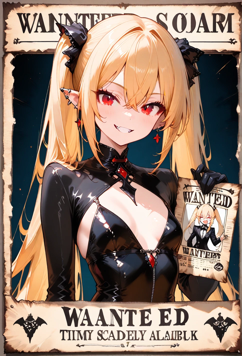 A shot framed by rows of cold, calculating LED lights casts an eerie glow on a lab filled with human bones. A stunning woman, her blonde hair styled neatly, stands amidst the relics in stiletto heels and a provocative outfit - a red pencil suit with a low-cut top and a red miniskirt. Her piercing blue eyes seem to gleam with intelligence and malice behind sharp silver-rimmed glasses. As she smiles at the camera, her beauty and seductive charm are undeniable, even amidst the gruesome experiment's results.