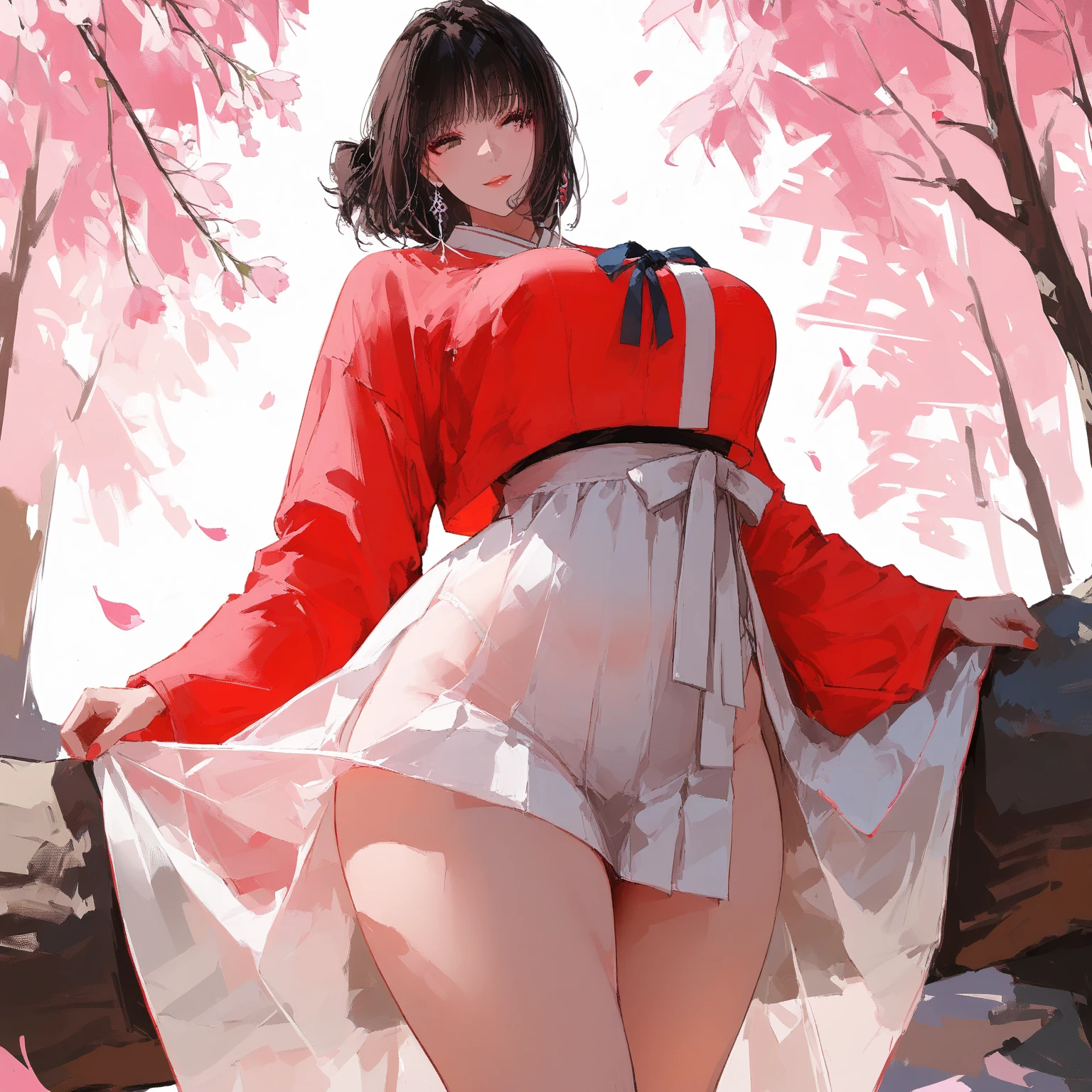 In a park with cherry blossoms in full bloom and cherry blossoms just starting to fall、A woman drinking alcohol while enjoying cherry blossom viewing, In a park rich in nature、plant, (((Masterpiece of sexy pose))), ((highest quality)), ((Complex)), ((Surreal)), Stupid reply, Mature Woman, Mature Woman, perspective, Very detailed, shape, Three Girls, ((Big Breasts)), Perfect hands, Finger details, Beautiful and beautiful eyes, short hair, Brown eyes, chief executive officer(chief executive officer(chief executive officer(CEO)), (suit:1.2), Open Office Shirt, Tight Skirt, Black Choker, Earrings, stockings, Detailed Background, Perfect Eyes, Captivating eyes, Looking at the audience, From above, I spread a plastic sheet under the cherry tree and sat cross-legged.., Blushing, Fun time with girlfriends、((Sexy panties in full view:1.0))、((Spread your legs wide:1.5))