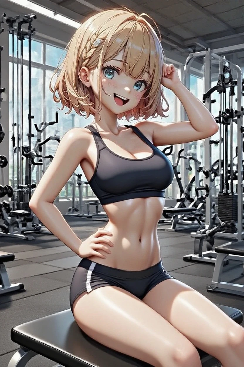 top-quality、Full limbs、complete fingers、1girl in、((one beautiful women、独奏))、Beautiful Large Breasts、Medium Hair、poneyTail、blondehair、(Black Sports Bra)、(Black spats)、Exposing your belly、abdominals、sports gym、Naughty Poses、A big smile、Sweating、During muscle training、Wet texture
