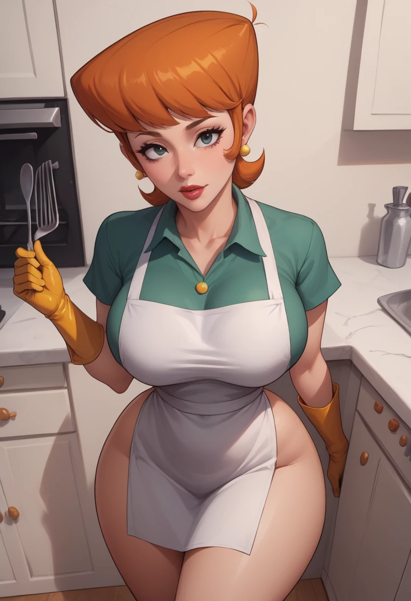 masterpiece, (mom (dexter's laboratory)), 1girl, solo, apron, jewelry, earrings, (detailed gloves at hands), better_hands, medium breasts, wide hips, lipstick, curvy, buttom shirt, large breasts, (arms behind hip height), collared shirt, thick thighs, short hair, orange short hair, short sleeves, mature, elbow gloves, green pants, soft light, kitchen, table, chair, afternoon, blur_background