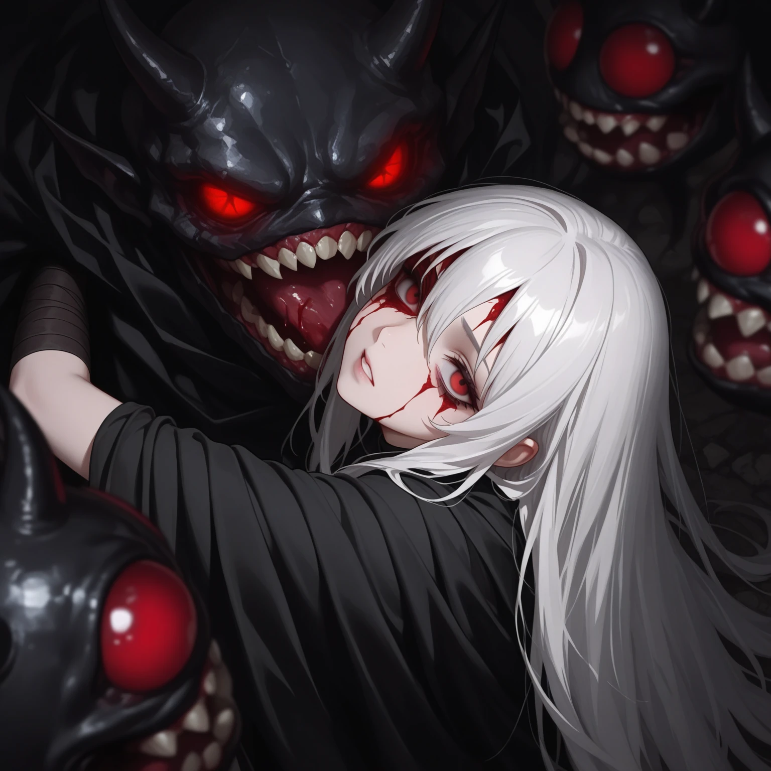  monstrous, Beautiful, Masterpiece, Best quality, perfect lighting, monster smile with crooked fangs, mask covering eyes, Very skinny, disproportionately long arms, A sinister aura, something, chained, deity, pentagrams, cultist clothing 