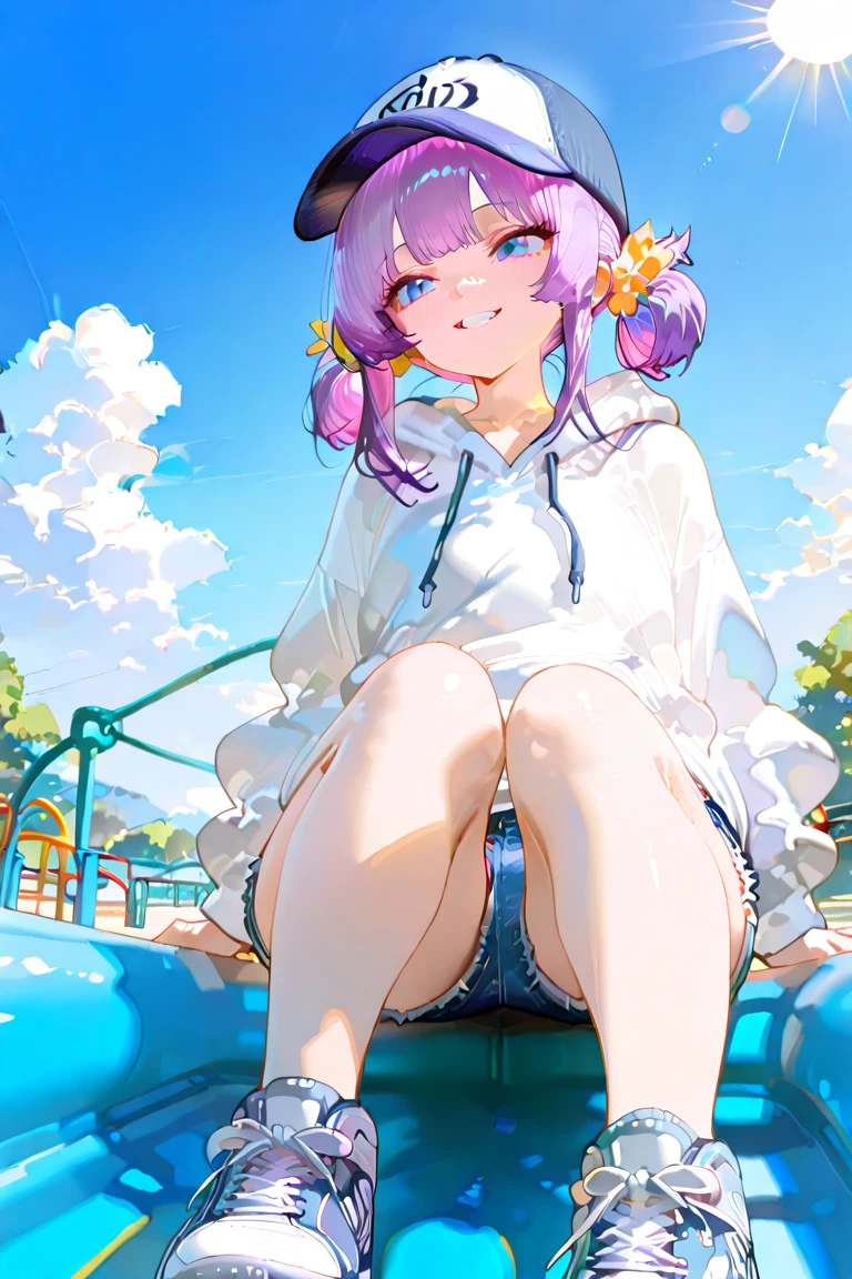 Very small and very cute boy with a and sexy wearing a pink sweater showing the navel with long sleeves and a fishnet stockings with a thin and small panty, with thin arms and waist, big hips with thick thighs and big wide butt, and a cute face with big purple eyes, short white hair