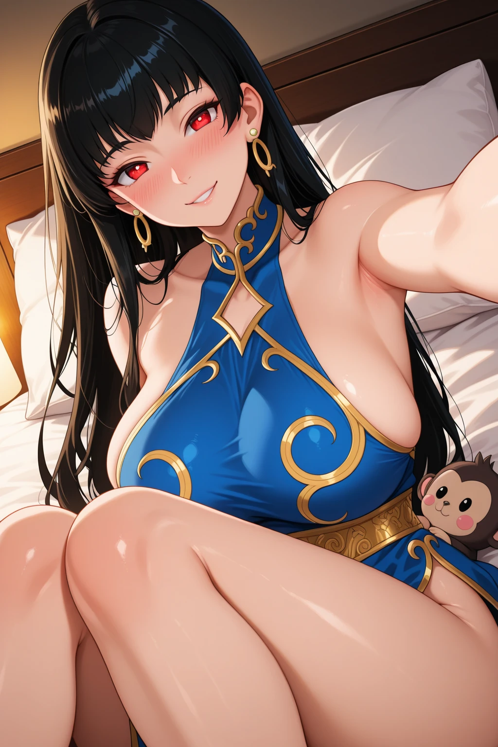 ultra-detailed
, (Realistic:1.3), (photoRealistic:1.2), (highest quality), (Detailed skin:1.3), (Intricate details), 
Detailed skin texture, Scattered beneath the surface, Natural Light, 
1 woman, 19 years old, 
in the extraordinary stage, 
(angle from above), (depict from stomach to head:1.1), 
(blush:0.6), ((smile)), detailed face, 
Brown Hair, half up hair, shoulder length hair, bangs, Hair between the eyes, Hair volume is low, 
Hair ornaments
Blue eyes, (iris:1.0), Pupils with clear outline, sparkling pupils , eye shadow, eye line, 
looking at the camera, eye shadow, detailed eyes, beautiful eyes, 
Wearing pearl white Chinese Dress, (long Chinese dress:1.0), Sleeveless dress, 
((one Side slit)), Clothes that open at the chest, (wide opened side breast), Open-chested dress, 
(pink panty thongs:1.0), pink g-string panty), wear panties inside clothes, 
Barefoot, 
she has two legs, Two arms, Five fingers, Two joints in the fingers, 
Crotch open posture, (Sitting on the stairs), (Do not hide the crotch), (she spread her legs widely:1.2), ((Massage her chest)), cleavage of chest, she has bowlegs
(put her hands side of chest:1.5)