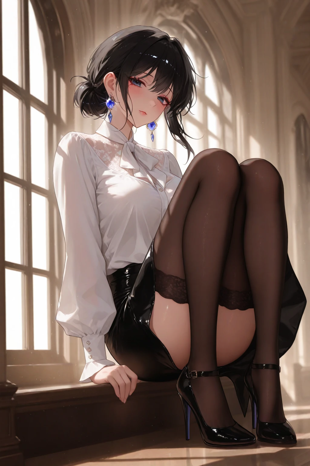 Real, short black hair, bare legs, Mary Jane high heels, white stockings --auto --s2