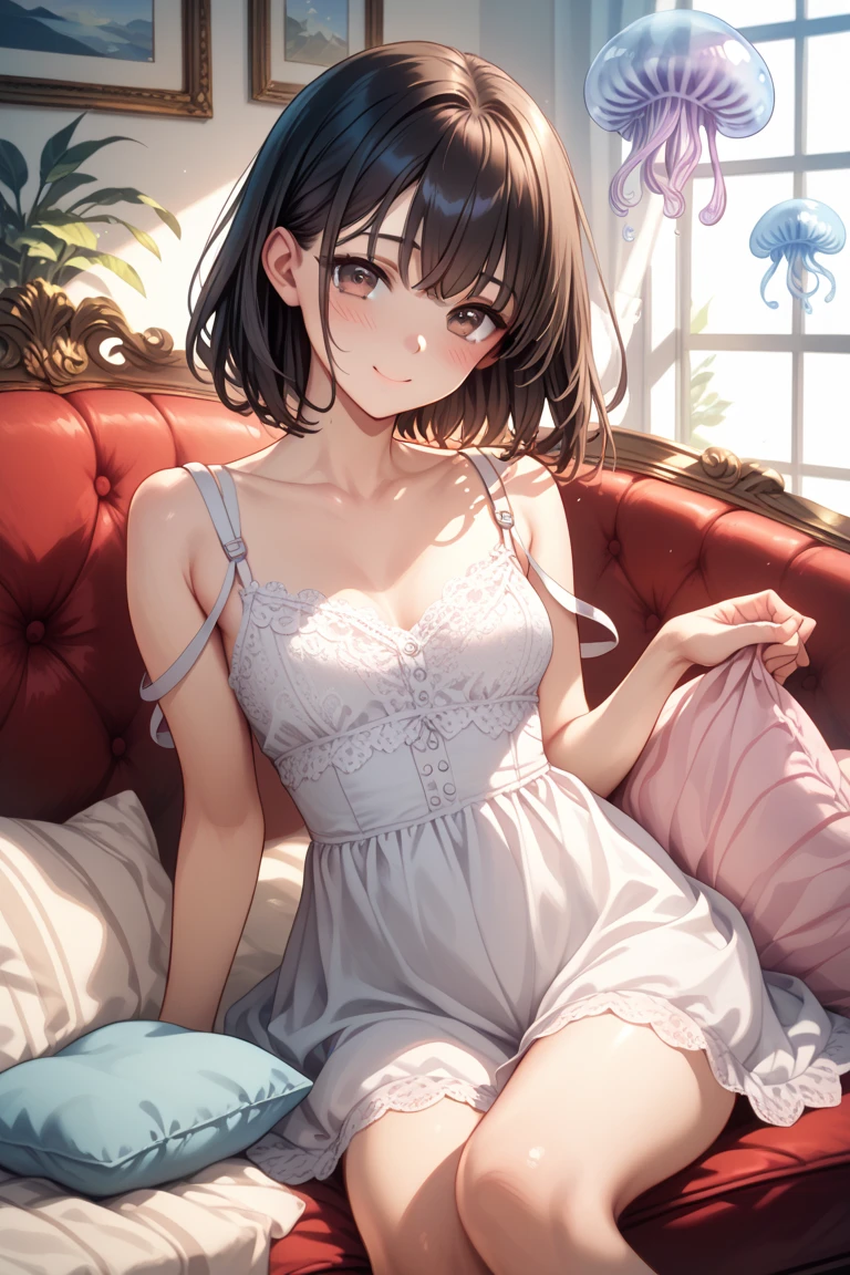 (masterpiece:1.3, Highest quality, Ultra-high resolution, Super detailed), (Realistic, photoRealistic:1.4), Beautiful illustrations, Perfect lighting, colorful, Depth of written boundary, Beautiful detailed hair, Beautifully detailed face, Beautiful fine details, Droopy eyes、Beautiful clavicle, Beautiful body, 美しいLarge Breasts, Beautiful thighs, Beautiful feet, Beautiful fingers, View Viewer、Front view:0.6, Beauty1人, Japanese, Beauty、30 years old, Perfect Face, (Perfect Anatomy, Anatomically correct), Cute and symmetrical face, Baby Face, , Shiny skin, (camisole、Shorts:1.4) 、(Dark brown hair, Updo Hair:1.4), braided bangs、Dark brown eyes, Large Breasts, Slim body, necklace, Small earrings:1.1, (Beautiful views),(night),(My Room),Lying on the bed、 A soft smile、(Smile, Lips parted),