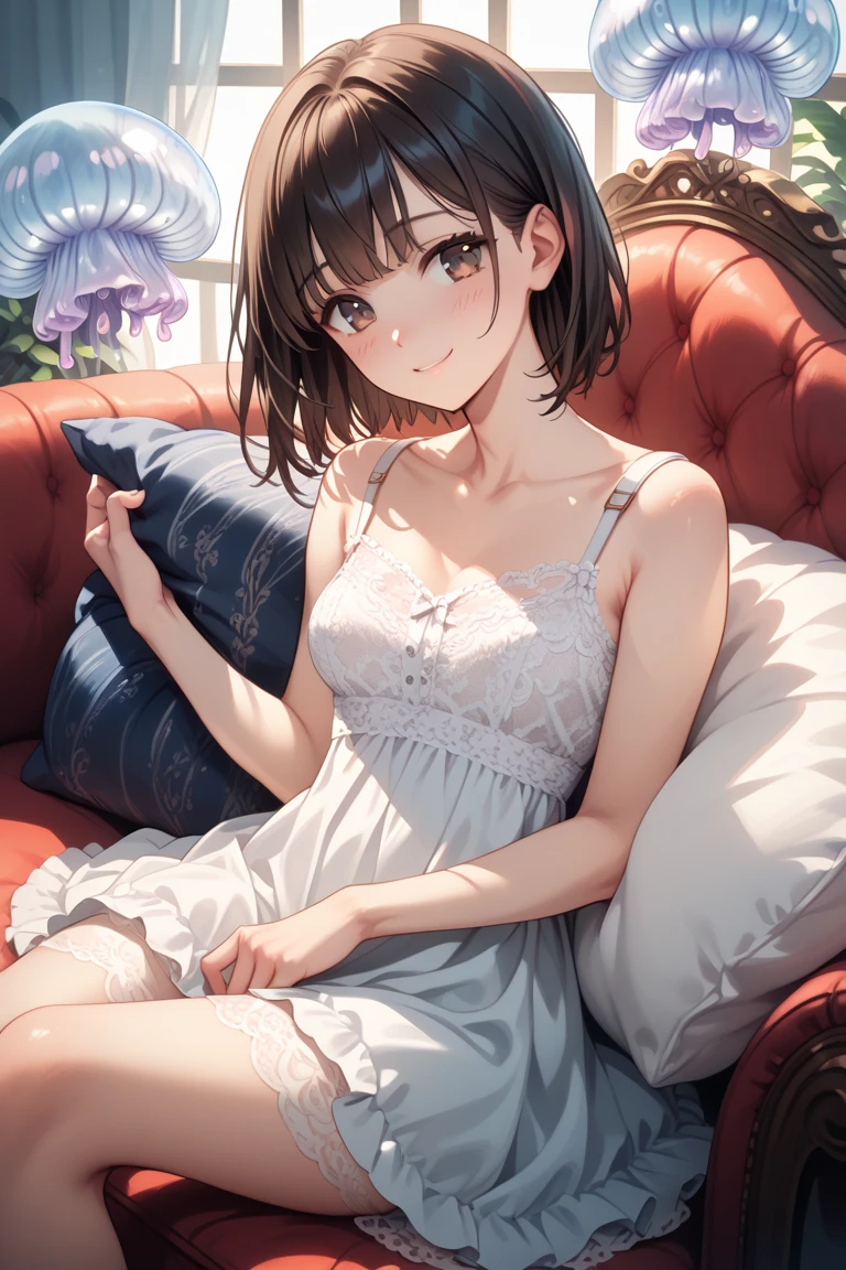 (8k, best quality, master piece: 1.2),super high resolution,1 girl, 独奏, cowboy shot ,ultra-detailed face, Selfie、ballerina、emerald、Private room、bed、Midnight、Out of the window、Starry Sky、wariza, hand between legs, Collarbone, Ecstatic expression