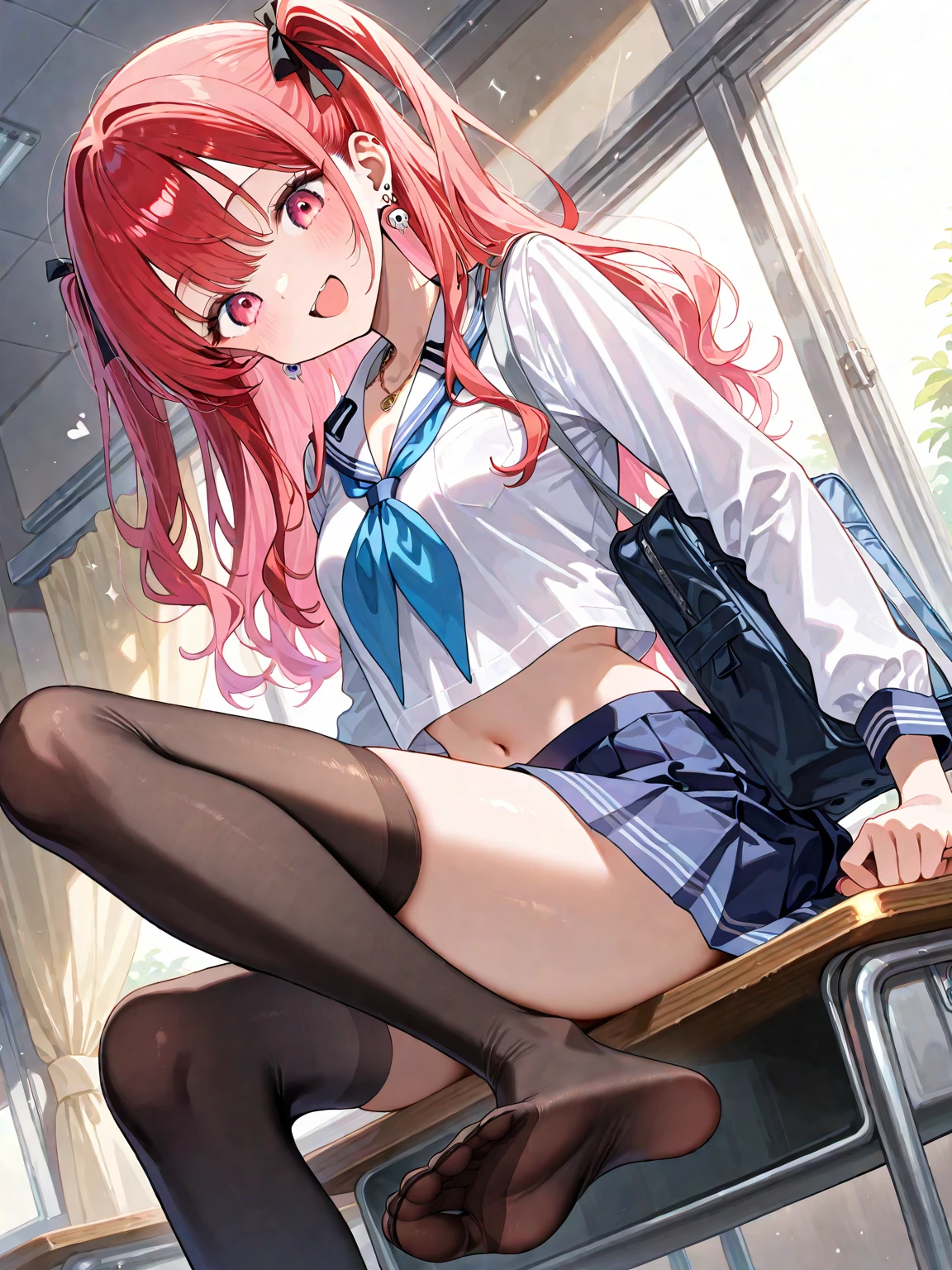 1girl, masterpiece, pov, back view, standing floor, red hair, brown eyes, red bang, two side up, black hair ribbon, medium breasts, (large hip:1.2), (school blazer uniform), black blazer, white shirt, yellow ribbon tie, check pattern green skirt, ((take off clothes)), ((exposing breasts)),((love hotel)), (sex), doggy style position, (orgasm), drool, smiley face, flushing, (pink stripe pattern pantie slide left), ((pov hands grabbing butt)), ((cum in pussy:1.5))