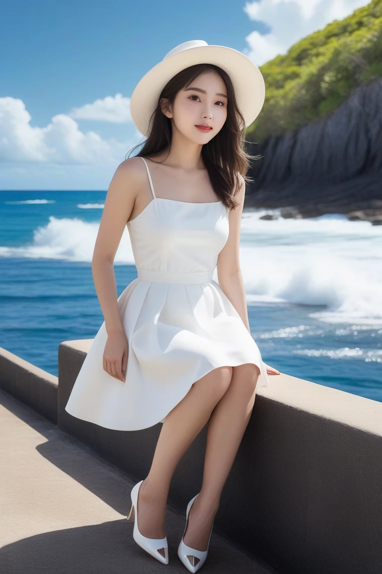 Happy 20 year old girl, white one piece dress, blurred background, motion blurred