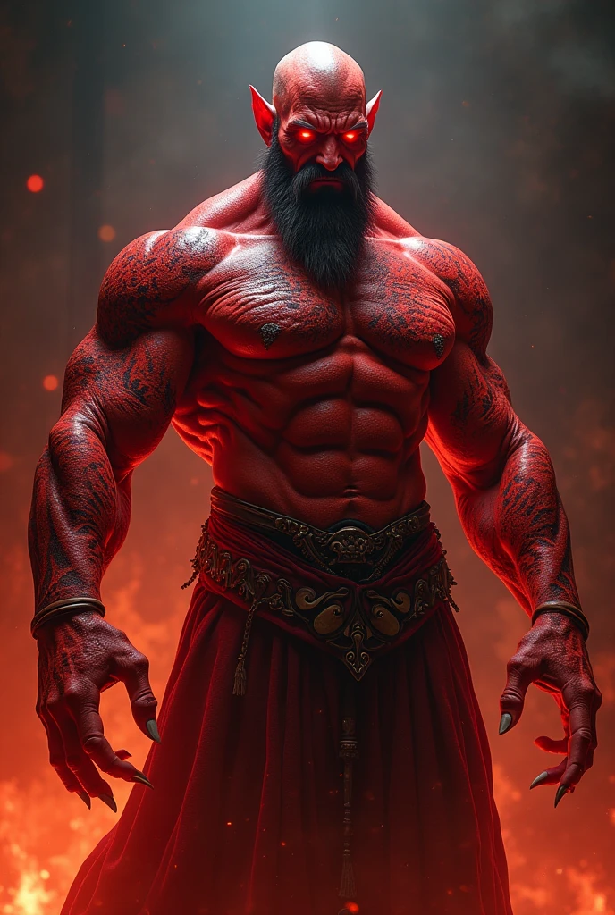 A man all red and muscular. Viking style with a God twist. He is very powerful and shows fear and respect with his gaze.. His body is all muscular and his smile is sadistic. It has red effects around it. Written "MonsterLabs" below.