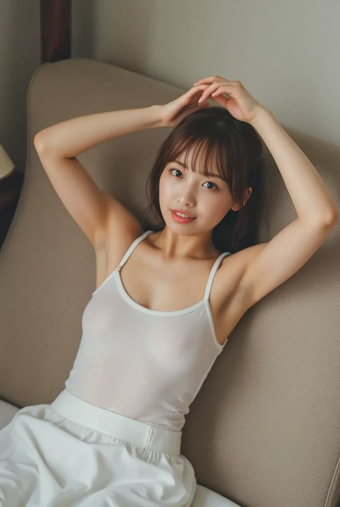 (1girl:1.3), Masterpiece, Best quality, amazing beauty, 4K, absurdres, finely detail, super detailed eye, perfect anatomy, official art, cinematic lighting, BREAK, bedroom, silky long hair, black hair, super shiny detailed brown eyes, Looking at Viewer(camera), closed-mouth smile, shy face, BREAK , big breasts, white skin, sitting bed in bedroom, BREAK , (Short-sleeved shirt:1.2), BREAK,()