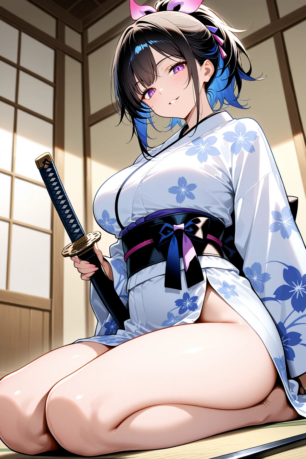 masterpiece, best quality, 
yozakura (senran kagura), 1girl, breasts, solo, 
short hair, blue hair, flower, blue eyes, large breasts, hair ornament, 
japanese clothes, hair flower, navel, midriff, bare legs, cleavage, emblem, smile, 
pov, white background, 