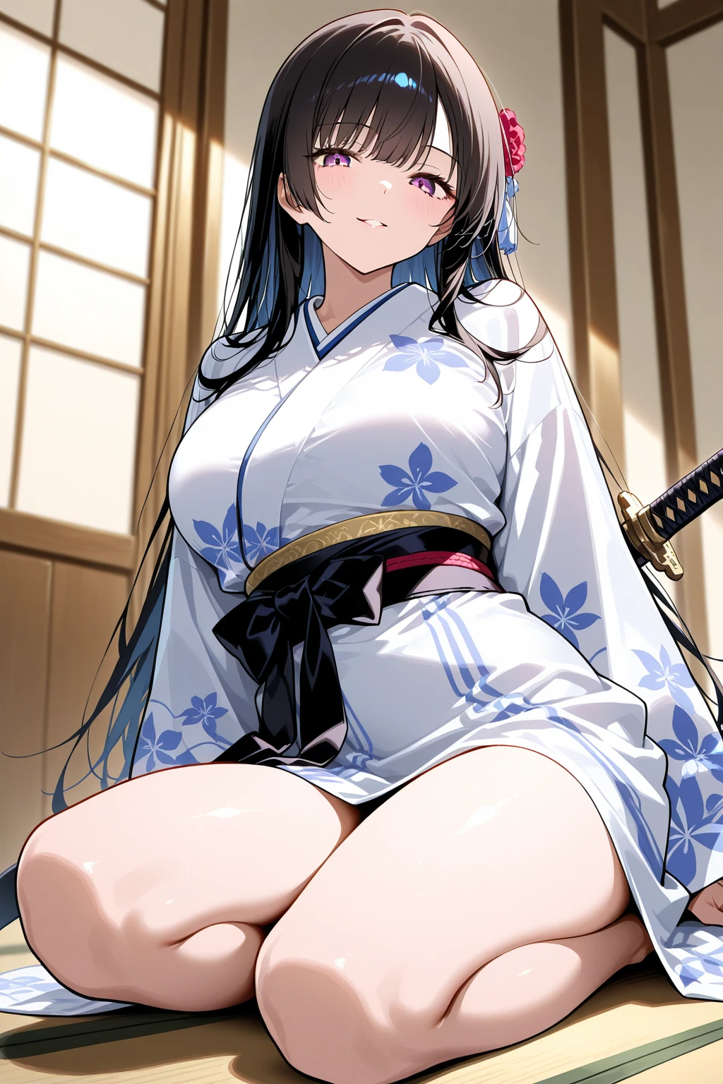 sakurajima mai, mai-san, (masterpiece), 1girl, japanese clothes, solo, sexy kimono, kimono, show pussy, pussy, show bra, no panties, black bra, medium breasts, cleavage, blush, paintbrush, calligraphy brush, bedroom background, bare breasts, off breast, looking at viewer, sash, smile, collarbone, sitting, obi, floral print, wide sleeves, parted bangs, between breasts, holding, open mouth, nsfw, low-necked, sexy, spread legs, (high resolution)