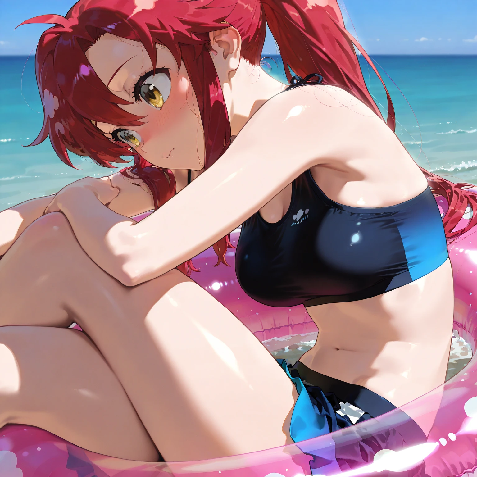 furry girl, cat, red hair, Knight bangs hairstyle, long ponytail, anime style, medium breasts, blue eyes, ((bright pink bikini Bandeau with bow in the center, side bows at the bottom, Sunglasses and wide-brimmed hat)), high quality, detailed body, detailed eyes, detailed face, masterpiece, glistening body, detailed body fur, best quality, two tone body, pink fur, clear pink fur, perfect lighting, perfect shadows, perfect eyes, perfect hair, perfect face, gorgeous body, skinny, :3, pool, clear sky, laying on beach chair, full body, feets with three toes, 3 toes,