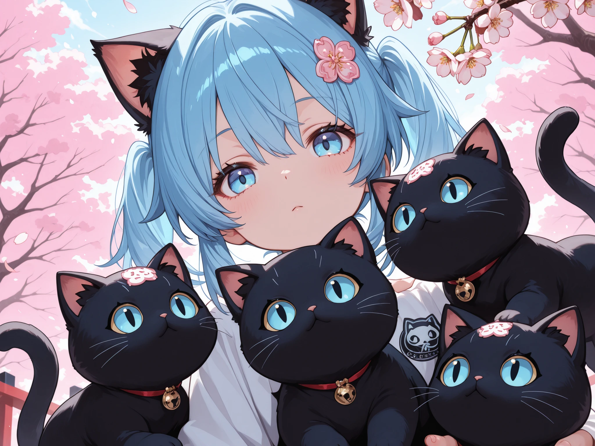 Black baby cat logo, bright blue eyes, Surrounded by cherry blossoms
