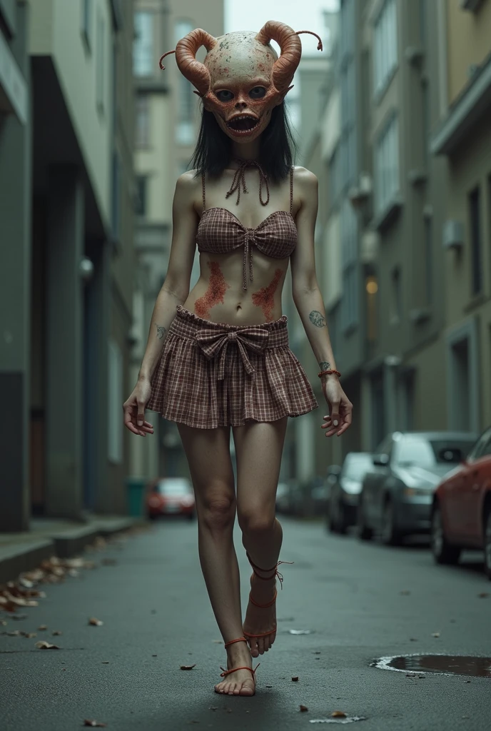 Zombie girl,Raised sexy,The clothes are torn,on the street,Stand with hands and feet twisted,Skin ulceration,Tummy down,Stand on the ground with your legs spread wide