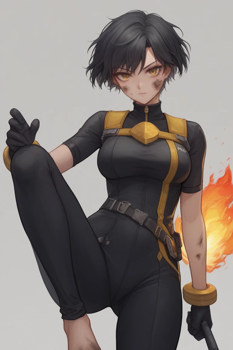 Best Quality, super detailed illustration, A  girl, (Crazy orange eyes:1.2),(wide eyes:1.2), (short disheveled black hair:1.2),(crazy smile:1.2) ,(Scars:1.2), combat pose, the perfect body