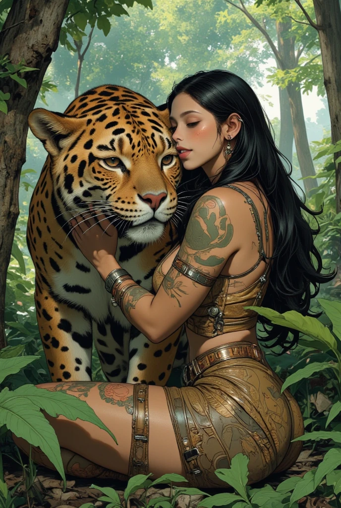 Druid woman, all tattooed, sitting meditating with animals, rich in detail, 4k, realistic style, with black hair, in a fire flower dress,detailed face, detailed skin, front, forest background