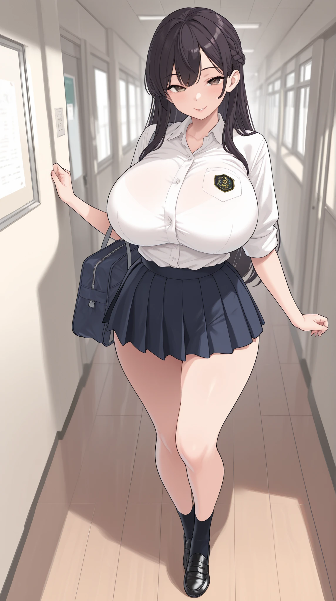 (Very high quality, detailed, masterpiece) An image of a full body pregnant girl with a round belly, long hair, very big breasts and a bubble butt. She's standing barefoot with her hands on her belly and leaning back. She's wearing an office uniform and glasses.