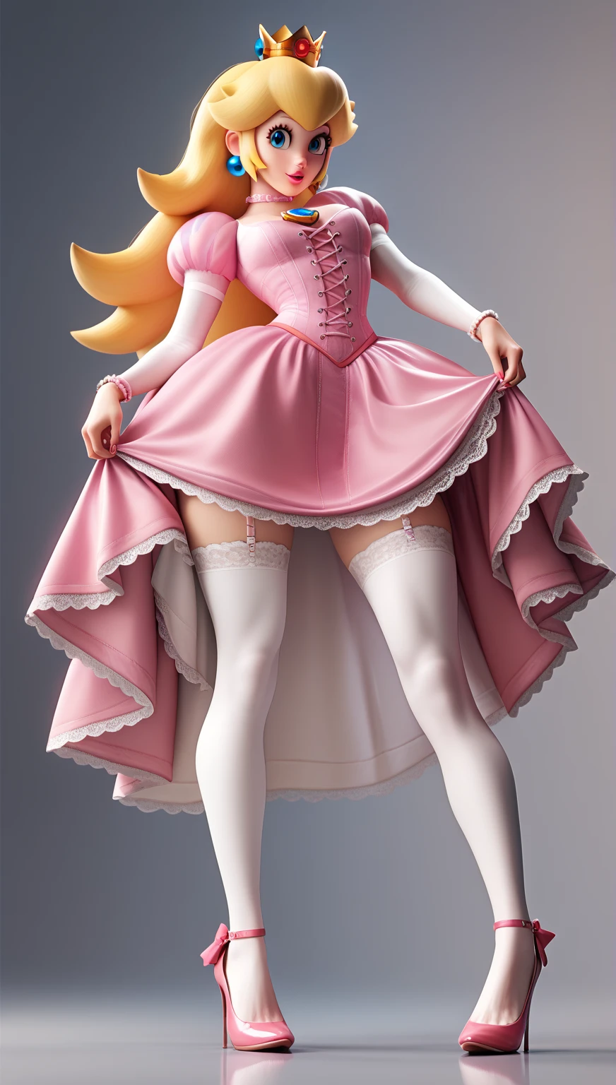 1girl in, PrincessPeach, Solo, Long hair, Pink dress, Looking at Viewer, mario castle background, Yellow hair, Simple background, Blue eyes, Lips, Closed mouth, bow ribbon, Hair Ribbon, large full breasts、、Standing、full body Esbian、low angles、(up skirt)(See-through panties)、(Highly detailed lace panties)、(Camel toe through panties)(I can see panties)、Through the pantiesオマンコ、 through the dress