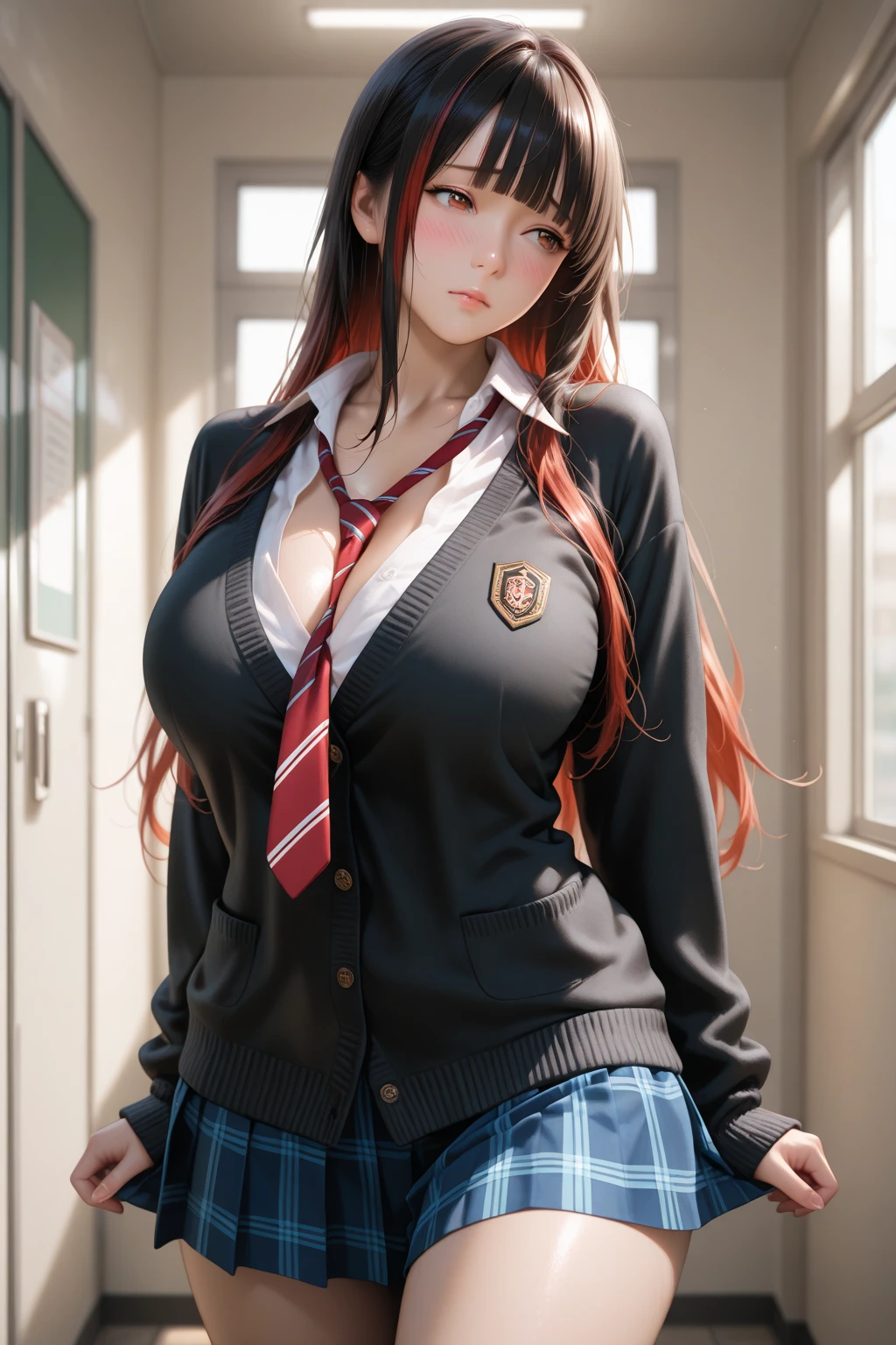 porn image.(from below:1.2),(1girl,ultra detailed skin,curvy,petite,beautiful breasts,large breasts,pale skin,pointy breasts,erect nipples),(Hyperrealist portrait,(8k),ultra-realistic,high detail,high resolution,best quality,masterpiece,Sense of presence,Dynamic,bold),(thin and soft hair:1.8),(straight hair),(Swept long bangs),(extra light coppery amber hair),(hair over one eye),(clothed:1.5,school uniform:1.5)