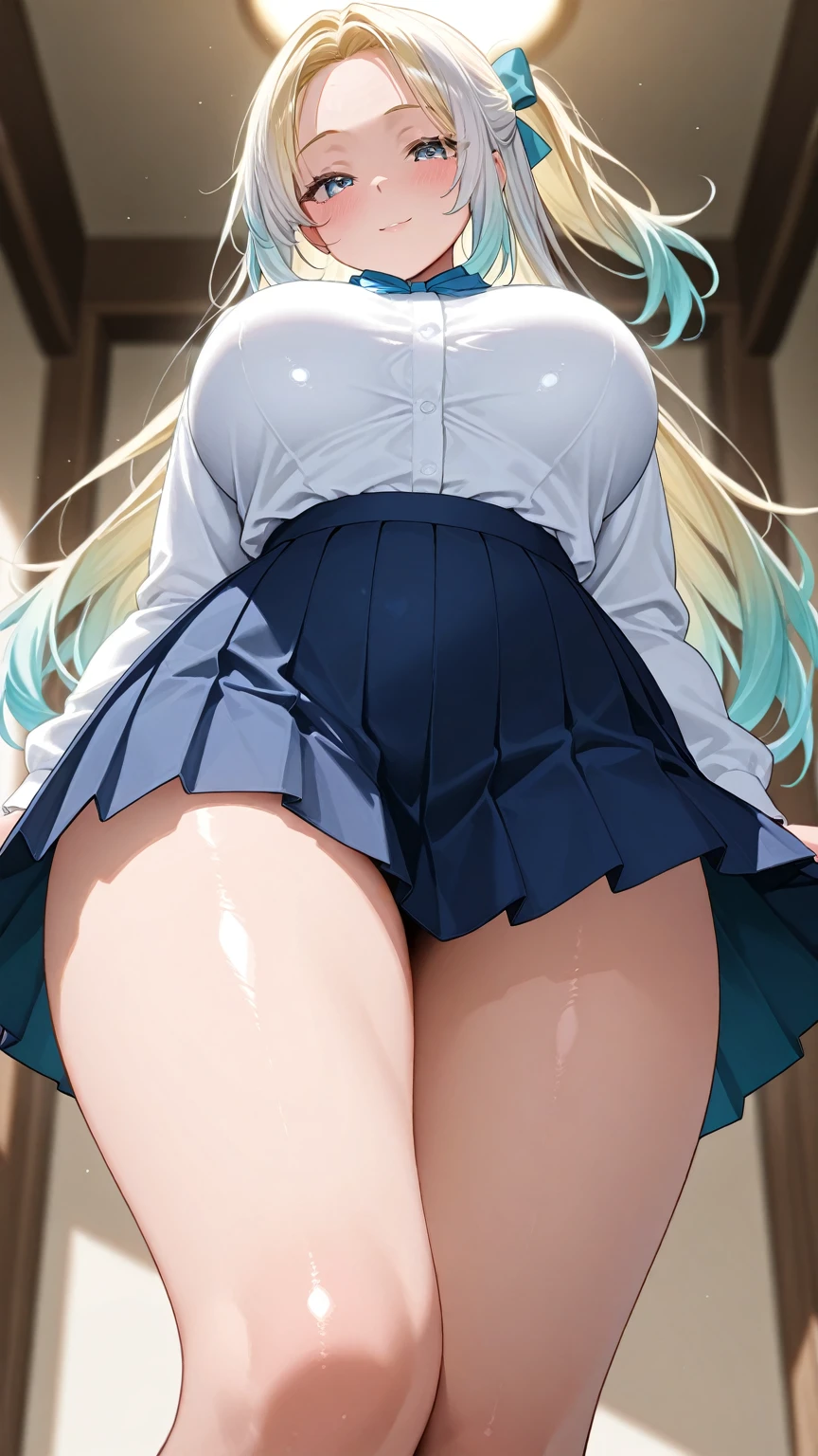((highest quality、High resolution、Highly detailed CG Unity 8K wallpaper))、detailed face、perfect body、unparalleled beauty、beautiful breasts、open your legs、embarrassed look、((She lifts up her skirt and shows her panties))