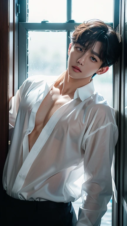 ((highest quality)), ((masterpiece)), (be familiar with),((large penis)),((male)),perfect face,(( a sensual and beautiful young man confident of himself)),((wet)),((cum on body)),cum on breast,((excessive cum)),((see through)),white mucus,Clothes are stuck,(spread legs),realistic,excited,nsfw,rub your chest,hentai,sexy,steam,ecchi