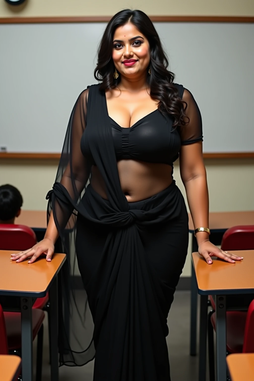 Indian middle age chubby female teacher in school, teaching in black board, semi nude, sexy cleavage, hot thighs, cute woman, smiling towards camera, smooth lighting, camera photo, masterpiece, lonely class, hot school teacher in saree dress