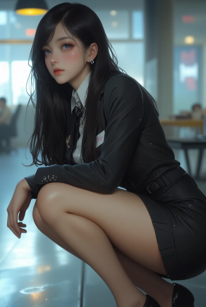 (Hyper-realistic), (Illustration), (High resolution), (8K), (Extremely detailed), (Best Illustration), Yol ( chain saw man ), (Beautiful detailed eyes), (Best Quality), (Ultra-detailed), (masutepiece), (Wallpaper), (Detailed face), Solo, Upper body, Focus on Face, 1 girl, Long Black Hair, Korean, Thin eyeshadow, A detailed eye, Brown eyes, Small moles under the eyes, very slender legs,Long sleeve shirt, Neckbow, Small breasts,Black leather shoes,pinafore dress, Dynamic Pose, low illuminance, Night, Dark, Clouds, a dark night,sit on sofa,Drinking black tea,