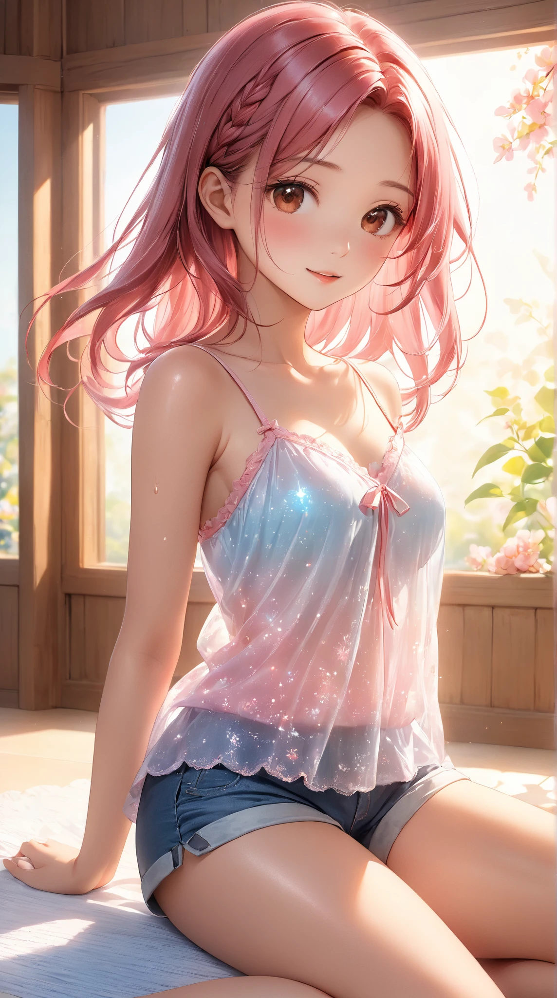 ((8k, Highest quality, masterpiece: 1.3)),Ultra-high resolution,(1 girl, alone), (Color changing eyes, Ultra-detailed, Expressive brilliance, Glitter, Glowing Eyes), Highly detailed eyes, Highly detailed face, Random Hair, ((pastel colour))A playful young woman with pastel peach hair styled into twin braids, lying on her back on the bed during a lazy afternoon. She is wearing a bright yellow bikini with a deep scoop neckline. The camera captures her from a top-down angle as she arches her back slightly, her hands behind her head, creating a soft curve that highlights her cleavage. The sunlight filters through the curtains, casting a warm light over her, with the room’s cozy and casual decor enhancing the relaxed and inviting atmosphere.