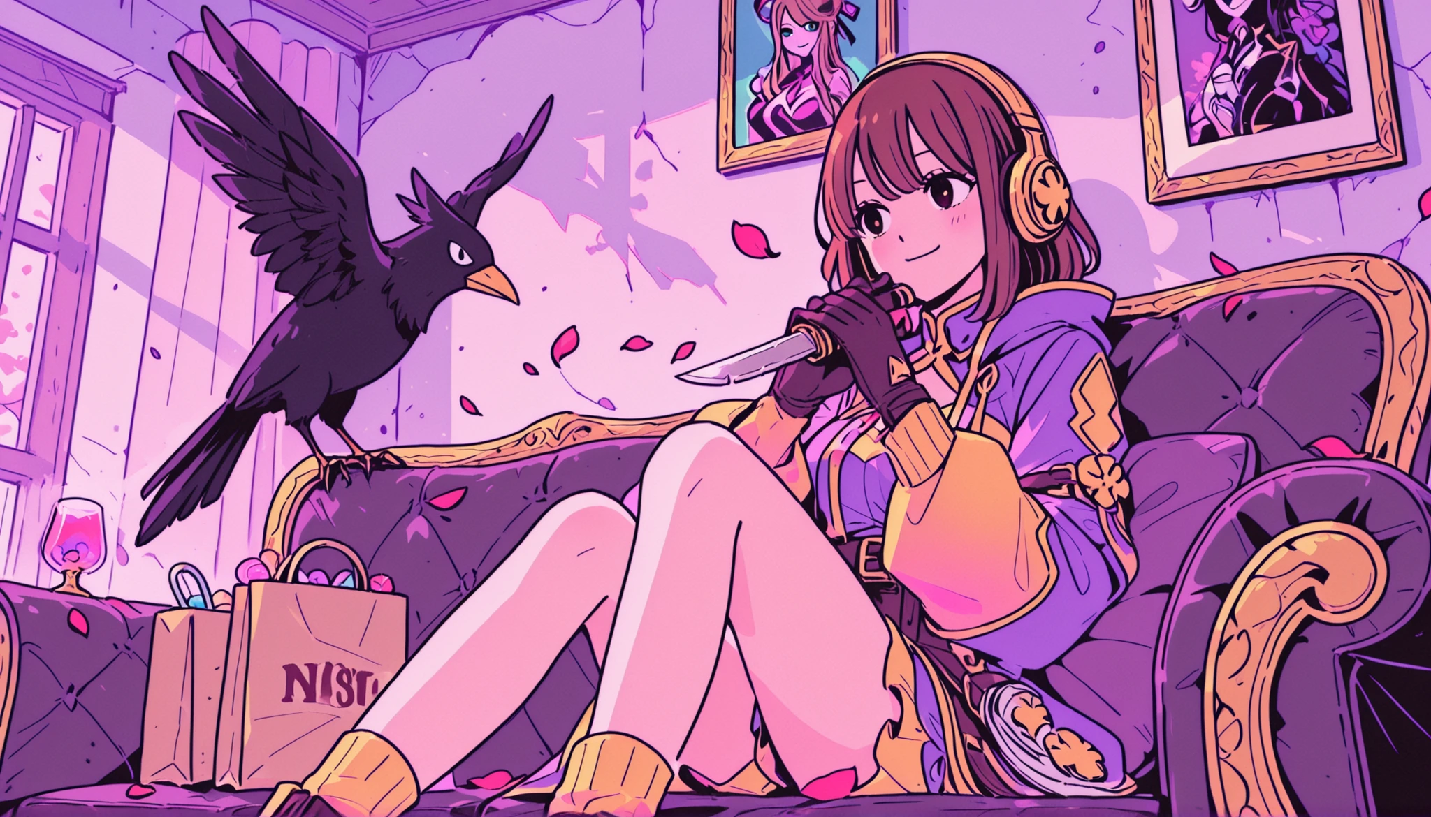 A beautiful anime boy with gentle almond eyes and smooth brown hair, I'm listening to music with headphones,wearing a custom-made pastel suit、with a pale smile that doesn't reach his eyes. He's sitting alone on a carpeted antique sofa under indirect lighting, gently giving sugar cubes to a crow perched on his hand with gloves. Ally behind him is a forgotten flower々and torn missing posters blooming, as if time bends his existence. he has a gold folding knife in a candy-striped paper bag. At his feet: broken lollipops and bloodstained rose petals. The scene shines in pale neon fog and dusk, calm marble Depicted in antique gold. Neo Fairy Tail anime style with emotional soft focus and the tension of magical realism.