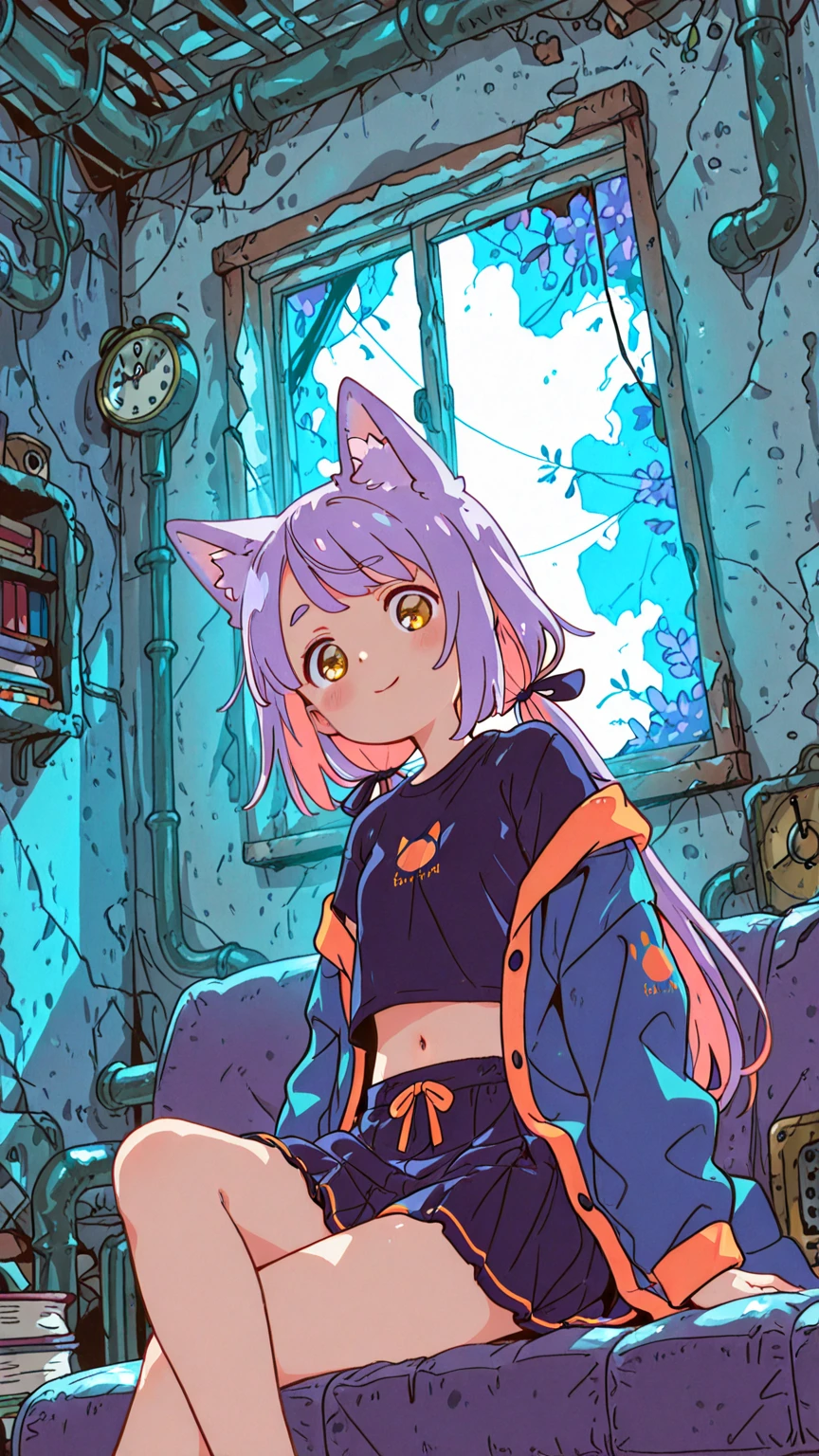 (high quality, best quality, 4k, 2k, (intricate:1.1), (high detail:1.3)), (indoors, library, sofa, books), (official wallpaper, volumetric lighting, dynamic lighting),
1girl, solo, cyan hair, short hair, messy hair, pink eyes, small breasts,
(fox ears), fox girl, enigma_kitsune,
black shirt, band shirt, shorts,
((facing viewer, looking at viewer)), sitting, (reclining),
<lora:KitsuneV2:0.7>