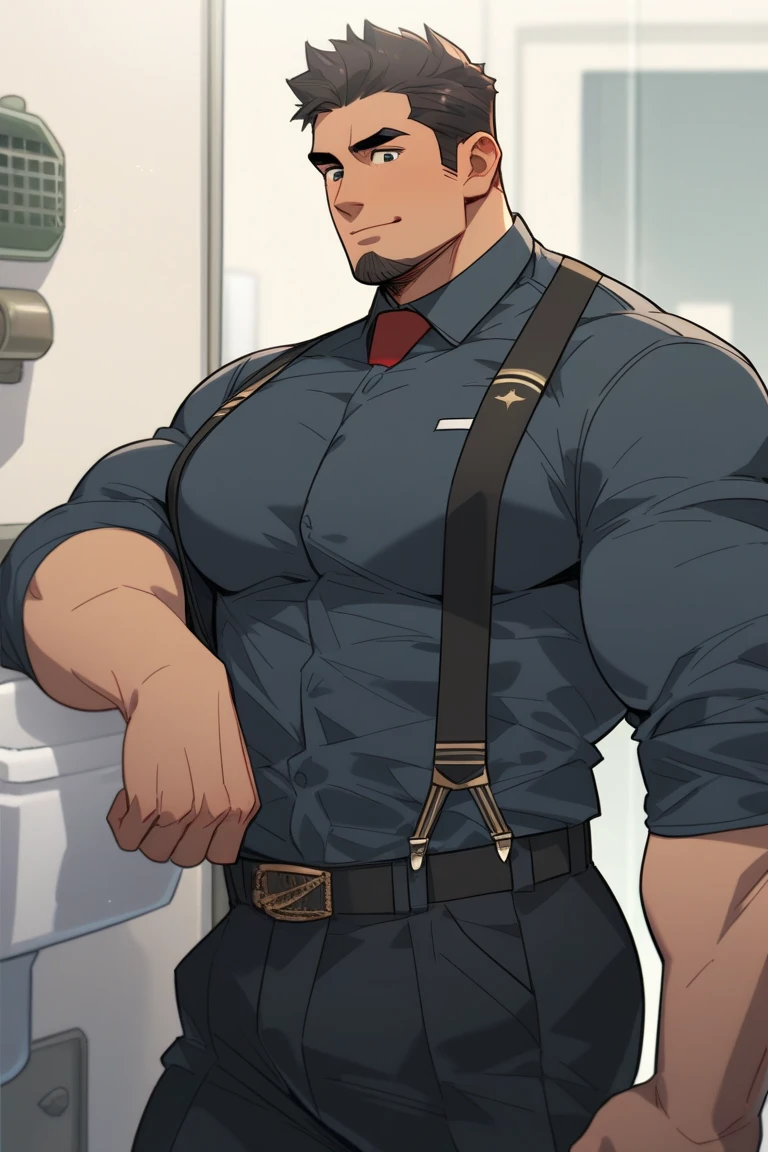 4k, masterpiece, high resolution:1.2, 1 man, solo, bara, muscular, big physique, crew cut hair, facial hair, chest, wide shoulder, biceps, thighs, triceps, butt, black hair, cute smile, friendly, standing in an office, wearing formal trousers, wearing formal stripes pattern office shirt, wearing glasses, upstairs office in the background, ultra detailed, shredded muscle, flat style (((wearing harness))) (((view from the bottom , thick huge ass)))