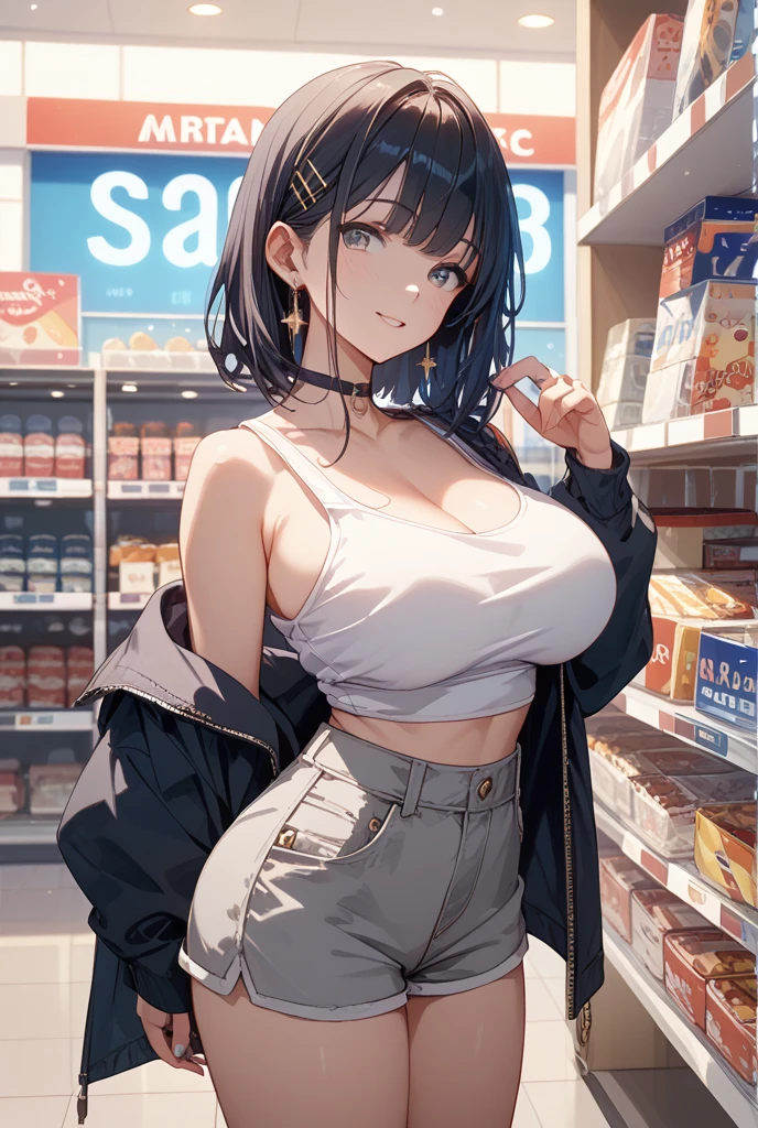 A 40-year-old woman with huge breasts、Shopping in the shopping district with a smile on her face。This is a high resolution image.。