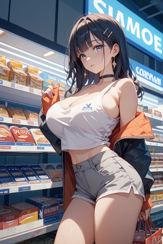 Hucow girl holding a big milk carton, masterpiece, candid photo, shy, short hair, big eyes, (detailed face), curvy, enormous breasts, two symmetrical horns, white (tight shirt), crop top, cute open (cow pattern) jacket, choker with bell, (in a colorful supermarket), mature female, thick thighs, earrings, high detail, ultra-detailed, retro, [big lips]