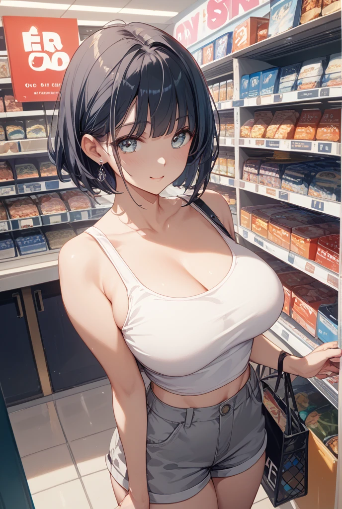 casual clothes at the supermarket, white skin girl showing her whole body, wearing jeans, Full body inside a supermarket with a shopping cart, ((15 year old girl, cute type, slim, thin waist, thin arms, black hair, short bob)), (((shirt lift, white lace bra, The fabric of the bra is thin, The nipples are visible, beautiful breasts))),no bra