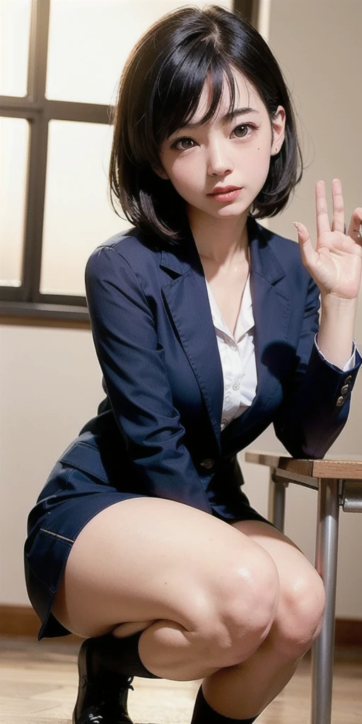 ((8k, RAW Photos, highest quality, masterpiece), High Resolution RAW Color Photo Professional Close-up Photo, (Realistic, Photorealism: 1.37), (highest quality), (Best Shadow), (Best illustrations), clavicle ((big)), ((erotic, sexy, Ultra-high resolution, High-definition CG unified 8k wallpaper, Physically Based Rendering, Cinema Lighting), (charm的な猿:1), 18-year-old girl, (Grey blazer, ribbon, socks, Of high school: 1.2), Of high school教室, Beautiful fine details, The light shines on your face, ((Full Body Shot: 1.2)), Particularly strong light, (Upper Eye, grinning smile:1.2),Shiny skin, (((Black Hair, Bob Hair:1.2))), ( Thick thighs), Uruchan-6500-v1.1:0.2, shy, (flash:1.2), Browsing Caution , (fluffy), ((Seductive posture: 1.2, charm: 1.2)), (Idle state), (sitting at a desk in the classroom: 1.2)), ((Excellent anatomy: 1.2)), ((Bright and refreshing classrooms, The background is blurred: 1.2)), Perfect Face, Cute face, (High angle shot:1.2)、((Sexual seduction pose:1.5))、((Panties:1.5))、