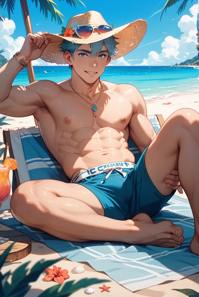 Almost naked guy with tight boxers white body and muscular dark blue eyes beautiful smile.