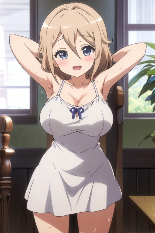 hayasaka,blonde hair, blue eyes, hair Scrunchie, side ponytail, Scrunchie, 1 girl, hair ornaments,alone, hair between eyes,(topless:1.3),, bare shoulders,white panties, cleavage,thighhighs,ponytail,
beautiful Finger,beautiful long legs,Beautiful body,beautiful character design, perfect eyes, Perfect face,expressive eyes, looking at the viewer, Appear on knees,sexy pose,in the center of the image, official art,High Definition CG Unity, Perfect lit, bright_front_face_lit, (table top:1.0),(Highest_quality:1.0),4k,Super detailed, photograph, 8K, nffsw, High resolution, absurd:1.2, kodak portrait 400, film grain, Lens flare, (lively_color:1.2) (beautiful,medium breasts:1.4), (beautiful_face:1.3),(narrow_waist),blush,nipple