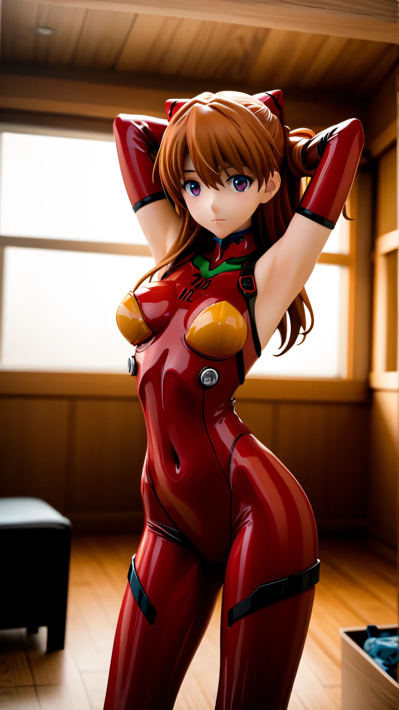 Soryu Asuka Langley, (Soryu Asuka Langley:1.2), Long Hair, bangs, blue eyes, Brown Hair, hair ornaments,Nipples、(NSFW)、 break bodysuit, Pilot suit with private parts cut out to show, A plug suit with private parts cut out to reveal, (Red bodysuit:1.5), Interface Headset, break outdoors, city, null, cloud, sun, break looking at viewer, (Cowboy Shot:1.5), break (masterpiece:1.2), Highest quality, High resolution, unity 8k wallpaper, (figure:0.8), (Beautiful attention to detail:1.6), Highly detailed face, Perfect lighting, Highly detailed CG, (Perfect hands, Perfect Anatomy)
